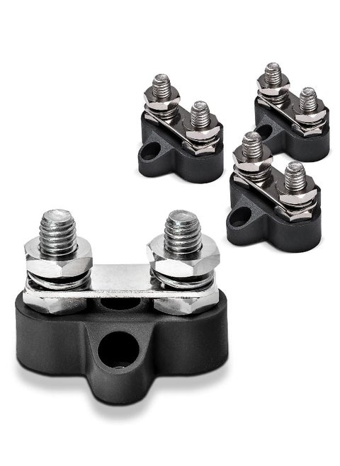 Power Distribution Terminal Block Connect Bus Bar 4Pcs M8 Dual Studs w or Bus Bar Max 48V DC 80A Positive and Negative Ground Insulated Junction Post for Auto Marine Car Trailer RV Boat Truck Black