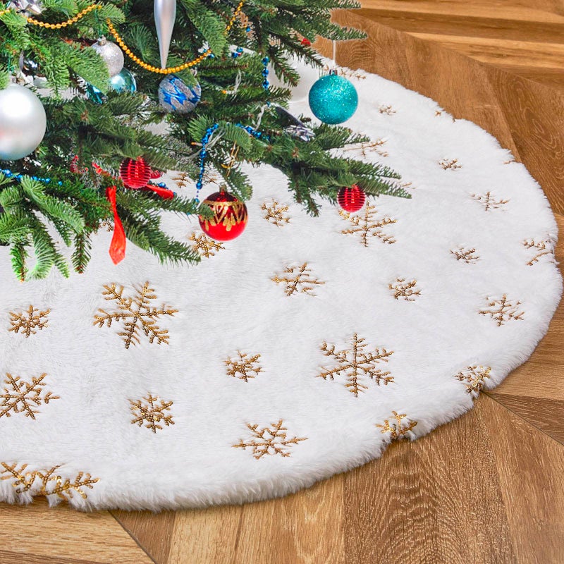 BCOOL White Christmas Tree Skirt Faux Fur Tree Skirt Sequin Tree Carpet 24inch Gold Glitter Tree Skirting Double Layers for Party Xmas Holiday Party Decorations Round Tree Skirt Mat