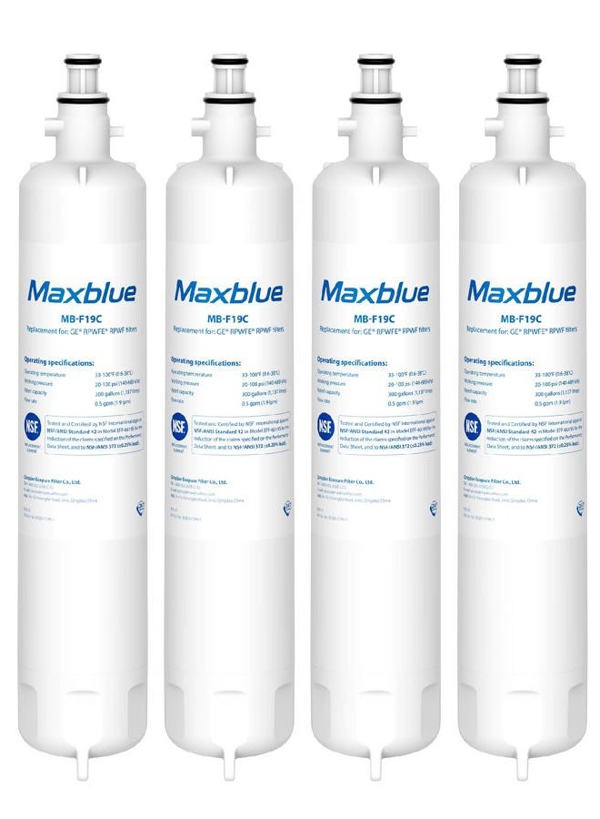 Maxblue RPWFE (with CHIP) NSF 401 Certified Refrigerator Water Filter, Replacement for GE® RPWFE, RPWF, WSG-4, WF277, GFE28GMKES, PFE28KBLTS, DFE28JSKSS, 4 Filters - Image 1