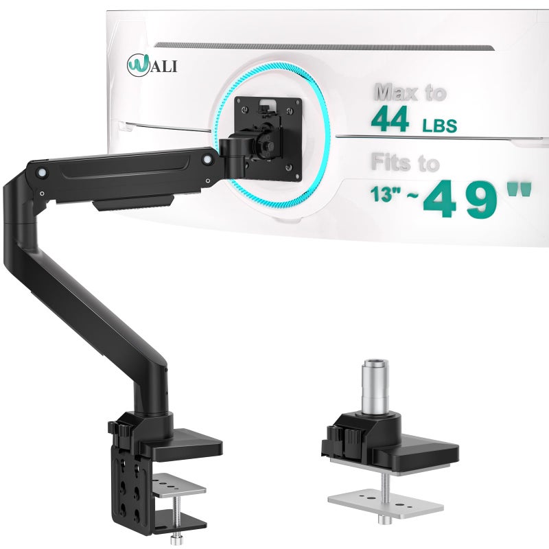 WALI Ultrawide Single Monitor Arm for 13-49 Inch Heavy Duty Curved Screens, up to 44 Lbs, Adjustable Gas Spring Single Monitor Desk Mount with C-Clamp, Grommet Base, 75/100mm VESA (GSM001XL), Black - Image 1