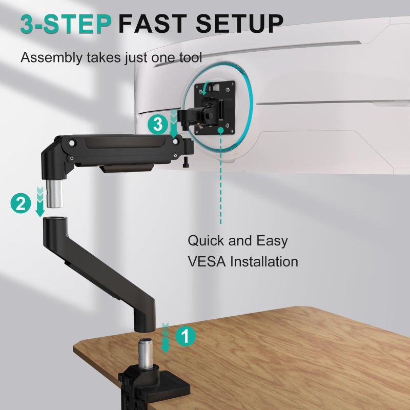 WALI Ultrawide Single Monitor Arm for 13-49 Inch Heavy Duty Curved Screens, up to 44 Lbs, Adjustable Gas Spring Single Monitor Desk Mount with C-Clamp, Grommet Base, 75/100mm VESA (GSM001XL), Black - Image 4