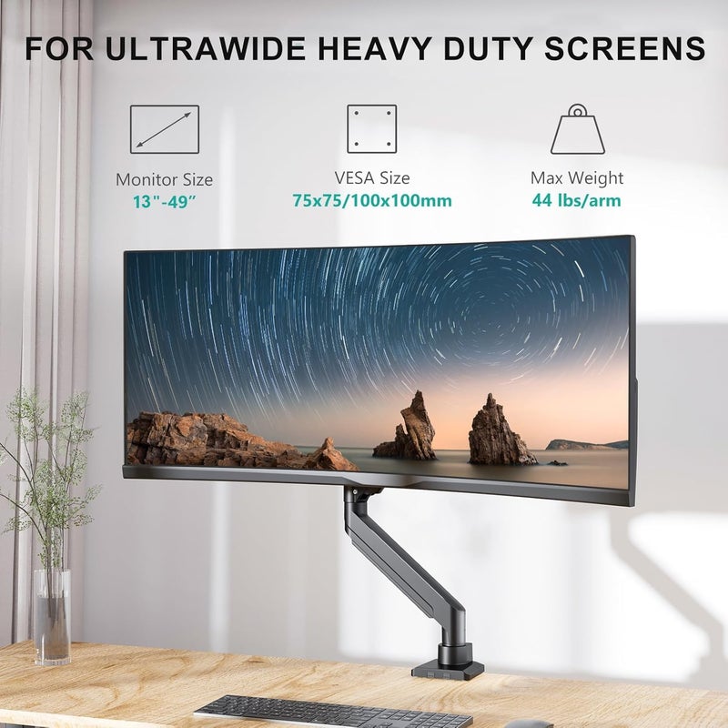 WALI Ultrawide Single Monitor Arm for 13-49 Inch Heavy Duty Curved Screens, up to 44 Lbs, Adjustable Gas Spring Single Monitor Desk Mount with C-Clamp, Grommet Base, 75/100mm VESA (GSM001XL), Black - Image 2