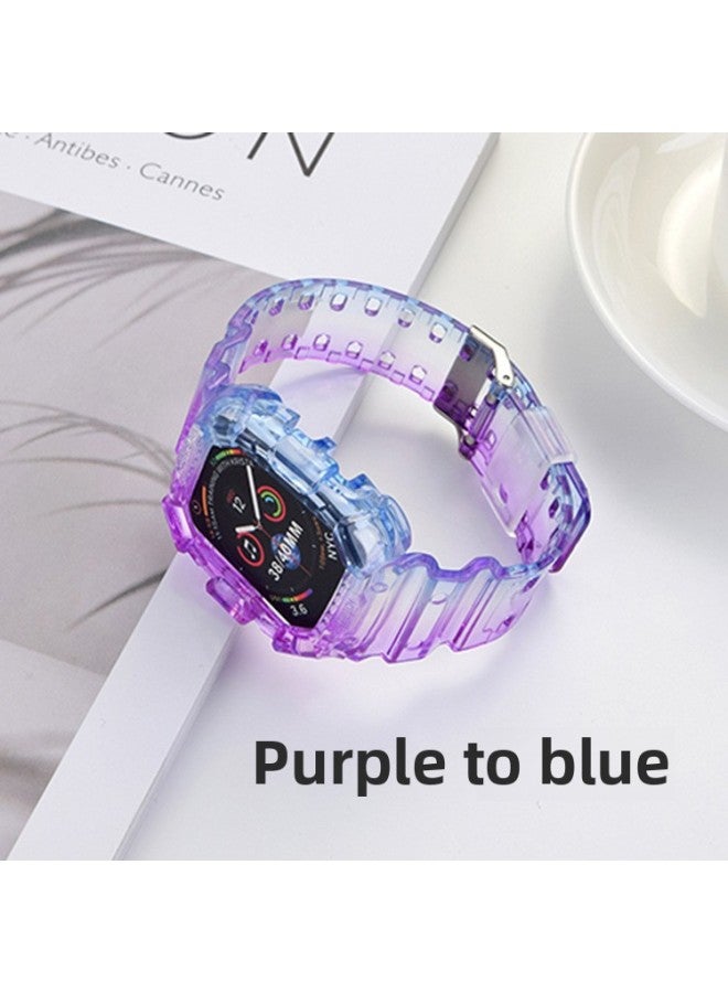 Suitable For Apple For AppleWatch Watch Case Gradient Color Frame Integrated Drop-resistant Silicone Strap-Color:Purple Fading Blue-Exterior Dimension:42/44/45mm