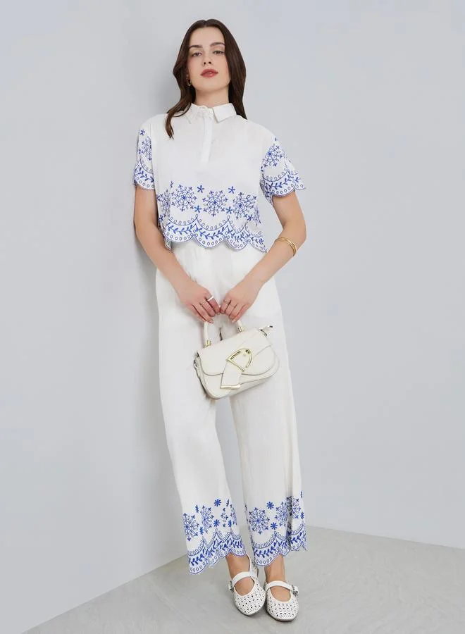 ستايلي بنطال واسع بطول الكاحل مبطن كشكشة مع بلوزة مطابقة