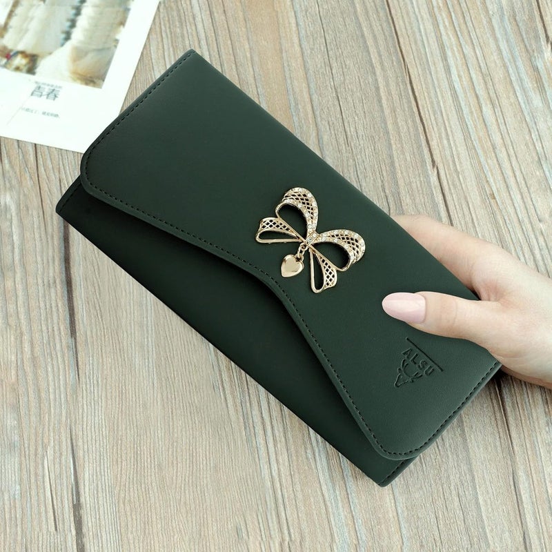 ALSU Women's Hand Wallet Purse Clutch | Phone Pocket| 4 Card Slots| Coin Pockets| Smooth Material (Green) - Image 2