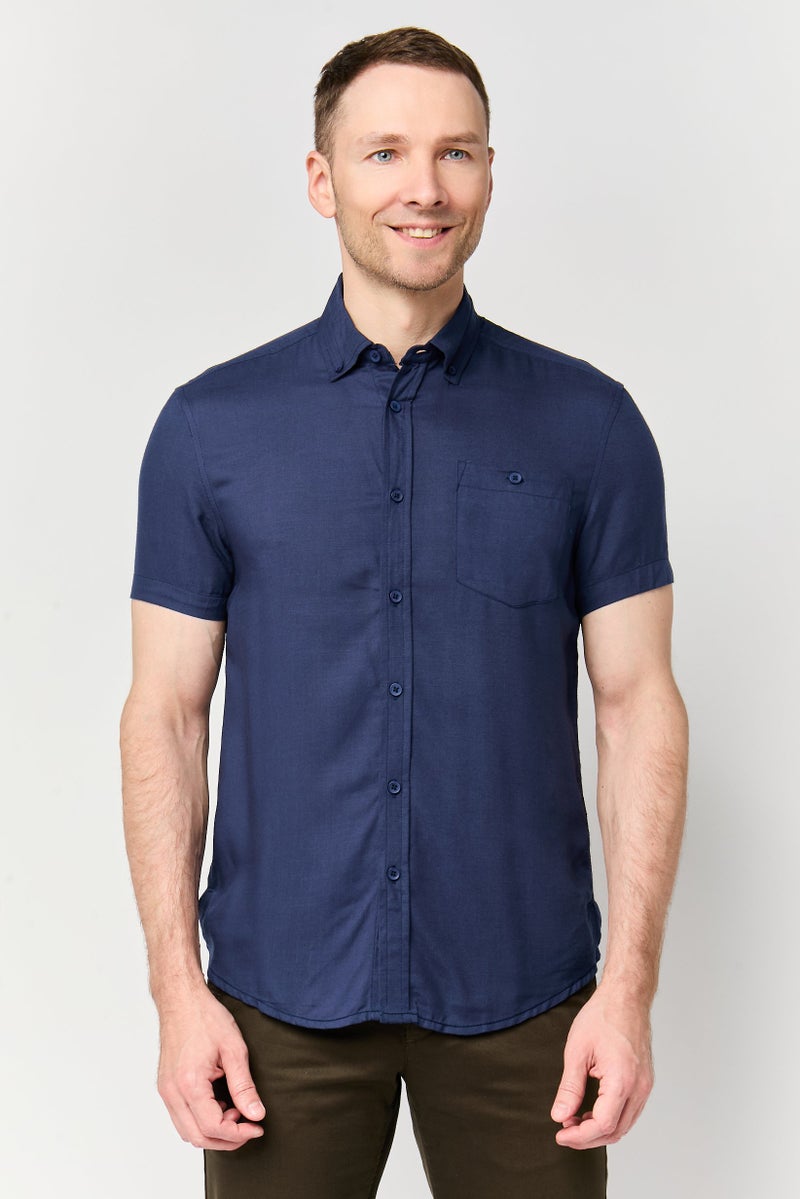 Report Collection Men Regular Fit Solid Short Sleeve Casual Shirt, Navy - Image 1