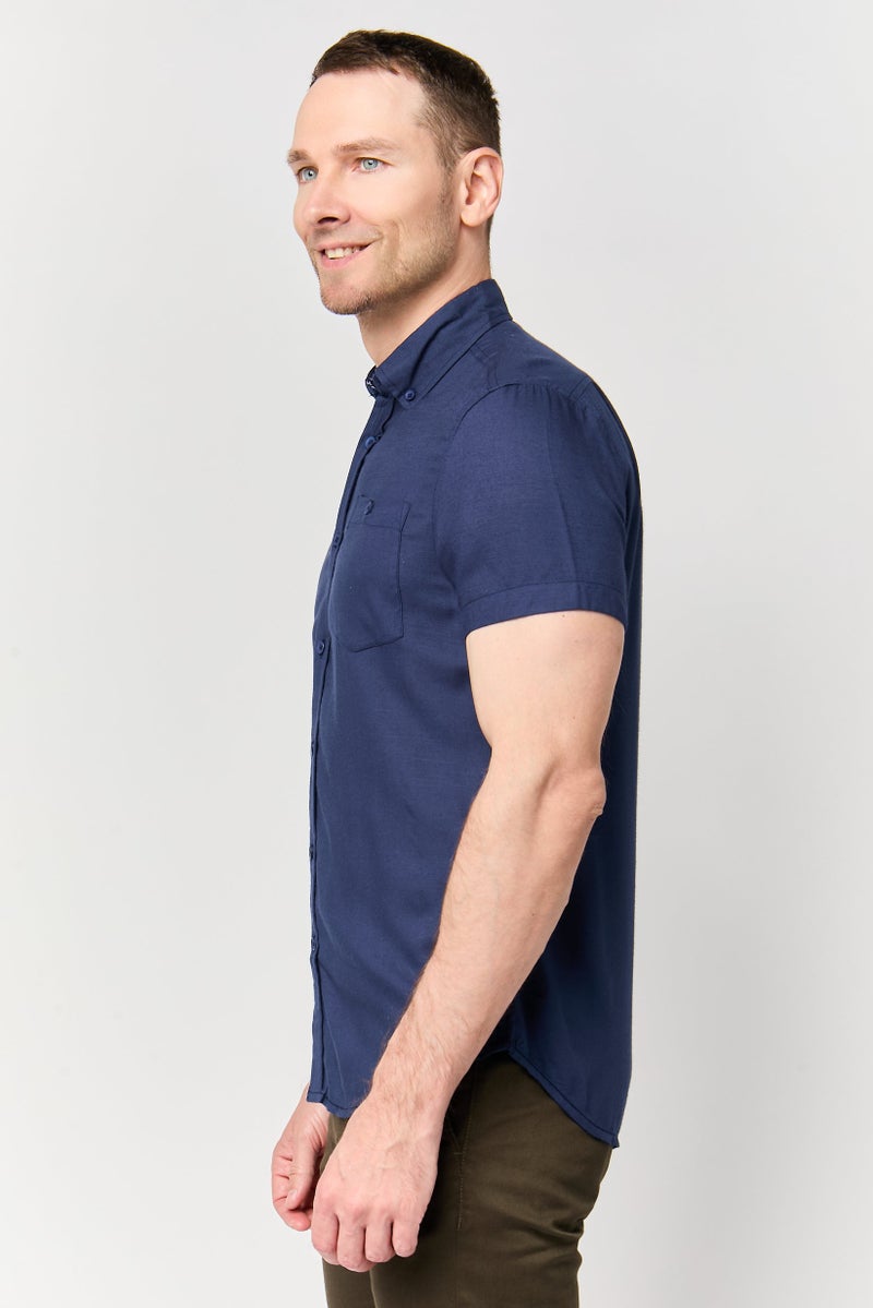 Report Collection Men Regular Fit Solid Short Sleeve Casual Shirt, Navy - Image 3