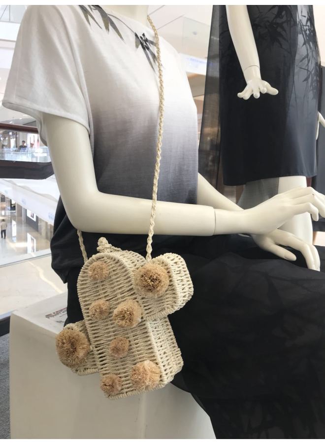 Straw Mini Cartoon Bag Cactus Bag Rope Crossbody Small Kun Bag Fashion Casual Summer Women's Bag-Color:Natural Beige  - Image 4