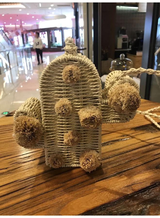 Straw Mini Cartoon Bag Cactus Bag Rope Crossbody Small Kun Bag Fashion Casual Summer Women's Bag-Color:Natural Beige  - Image 2