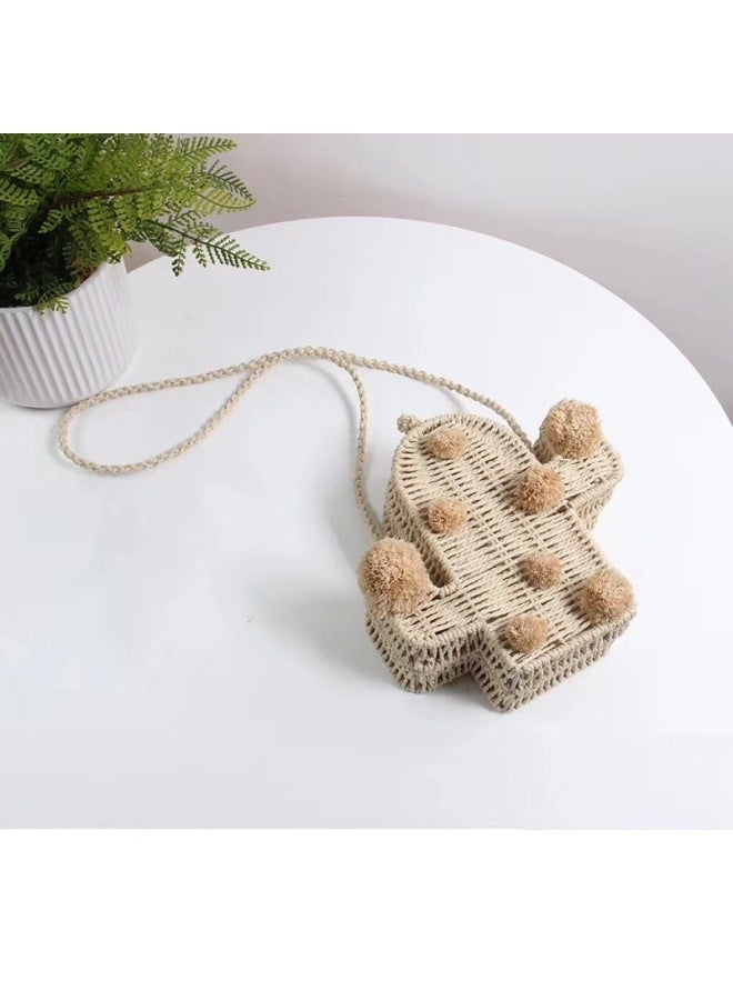Straw Mini Cartoon Bag Cactus Bag Rope Crossbody Small Kun Bag Fashion Casual Summer Women's Bag-Color:Natural Beige  - Image 1