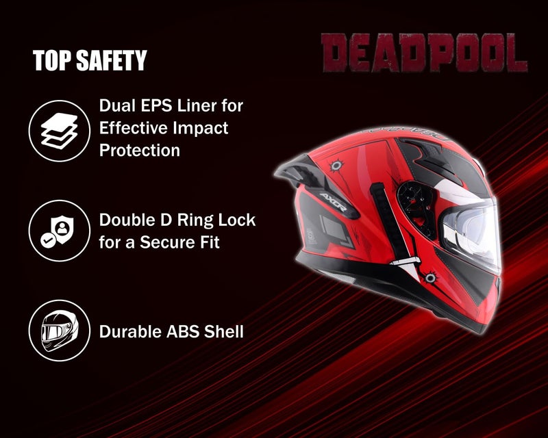 Axor Apex Marvel Deadpool ISI ECE DOT Certified Full Face Dual Visor Helmet for Men and Women Dual EPS Protection with Pinlock Fitted Outer Clear Visor and Inner Smoke Sun Visor Dull Red Black-M - Image 5
