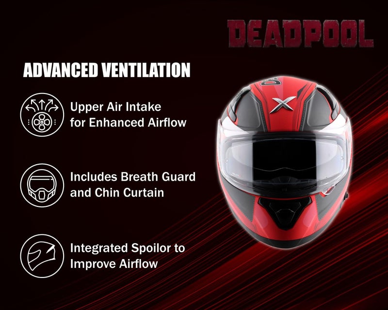 Axor Apex Marvel Deadpool ISI ECE DOT Certified Full Face Dual Visor Helmet for Men and Women Dual EPS Protection with Pinlock Fitted Outer Clear Visor and Inner Smoke Sun Visor Dull Red Black-M - Image 3