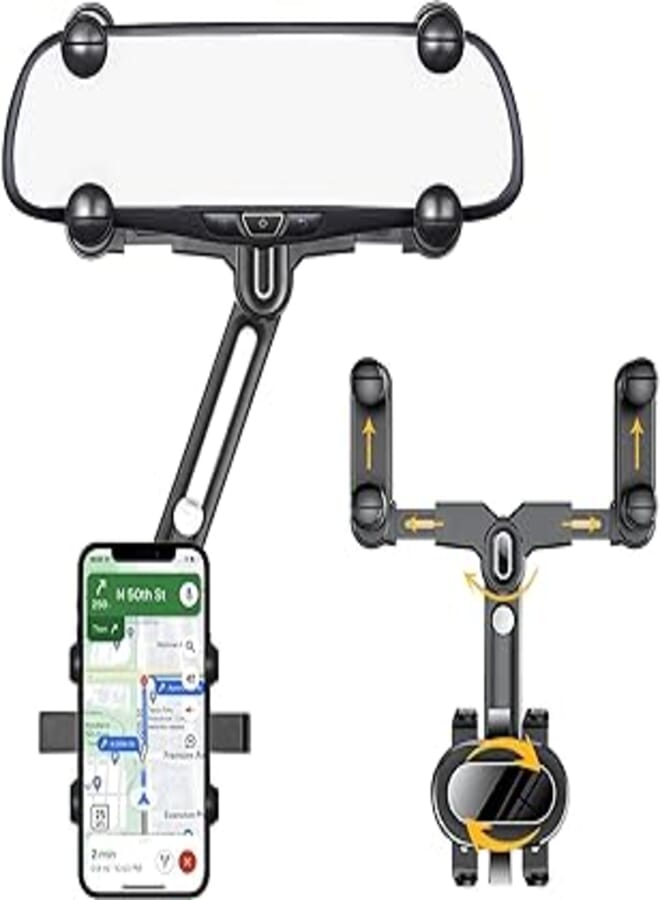 Necomi Rearview Mirror Car Phone Holder,360°Rotatable and Retractable Multifunctional Rear View Mirror Phone Holder,Four Corners Fixed Anti-Shake Design,Fits All Mobile Phones and Fits More Car