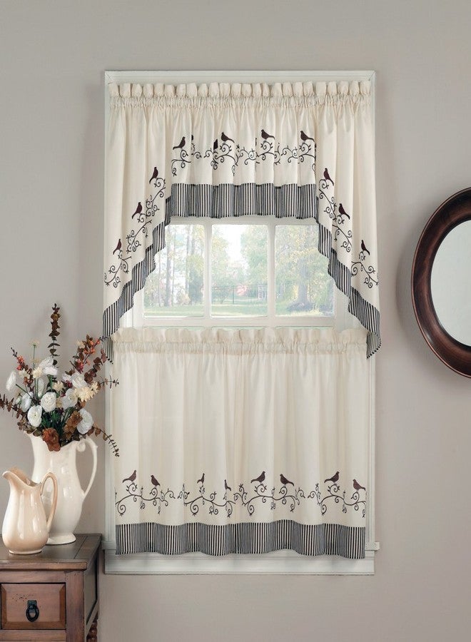 CHF Birds Kitchen Curtain Tier Pair, 58" W x 36" L, Brown Cream - Image 1