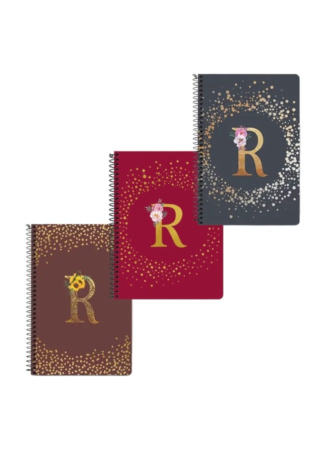 Stylizedd (Pack of 3) A5 Spiral Notebook Memo Notepad Journal - Custom Monogram Initial Letter Floral Pattern Alphabet - R