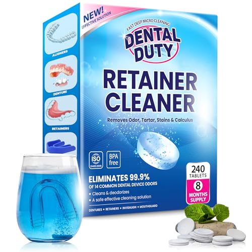 Dental Duty 240 Units Retainer and Denture Cleaning Tablets 8 Months Supply Cleaner Removes Plaque Stains from Dentures Retainers Night Guards Mouth Guard Aligners and Removable Dental Appliances
