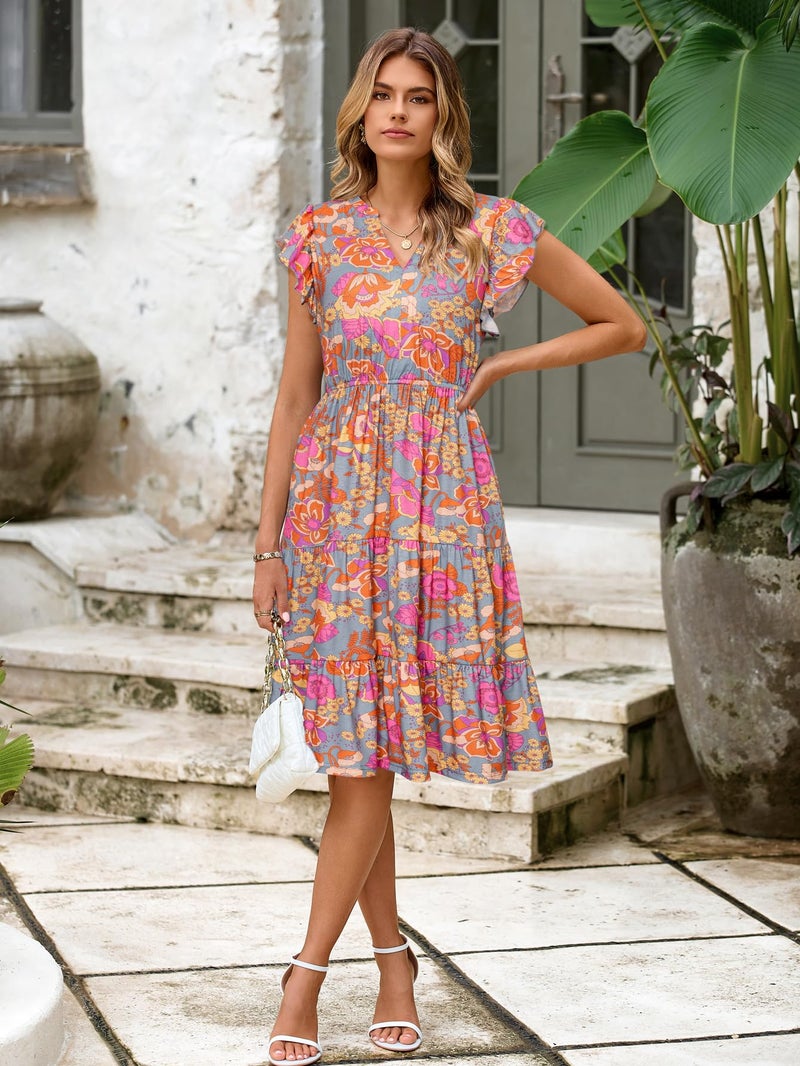 Glamaker Floral Tiered Midi Sundress Casual Summer V Neck Flutter Sleeve Striped Sun Dress with Pockets (Orange Floral XL) - Image 2