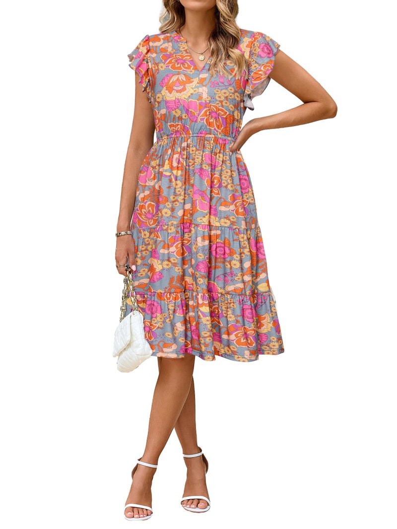 Glamaker Floral Tiered Midi Sundress Casual Summer V Neck Flutter Sleeve Striped Sun Dress with Pockets (Orange Floral XL) - Image 5
