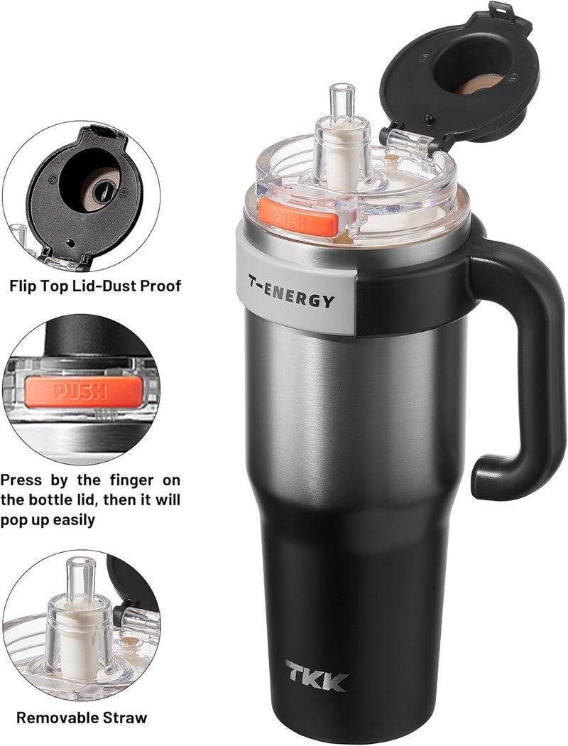 TKK 40 oz Insulated Tumblers with Handle and Straw, Stainless Steel Travel Mug with Ceramic Coating, Leak Proof Double Walled Iced Coffee Cup with Strainer for Hot & Cold Drinks,SteelBlack - Image 2