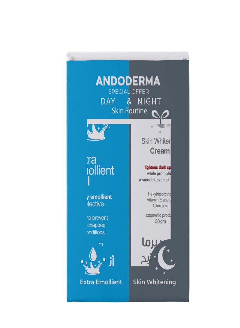 Andoderma Day and Night skin Routine Package of 1 Andoderma Extra Emollient Gel 50g with 1 Andoderma Skin Whitening Cream 50 gram