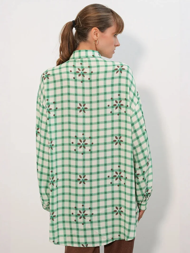 Big Dart Sage Green BDART Oversized Plaid Crepe Shirt for Women | Best Price UAE