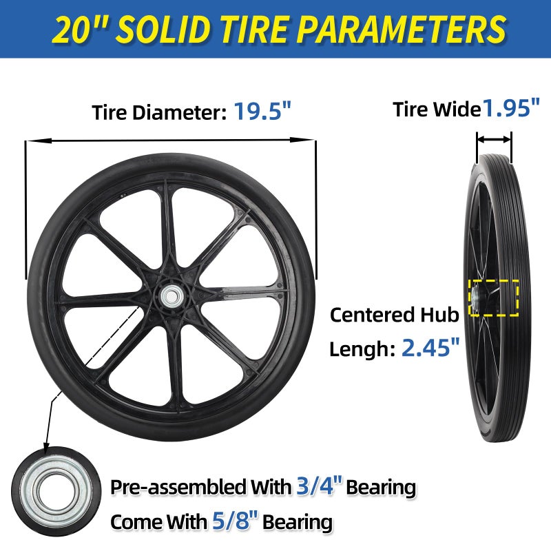 GICOOL 20" Flat Free Tire and Wheel, with 3/4" & 5/8" Bearing, 2.45" Centered Hub, Replacement Wheel For Rubbermaid Wheelbarrow, Garden Yard Cart, 2 Pcs - Image 2