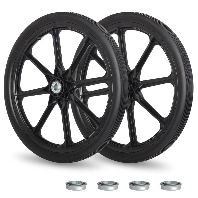 GICOOL 20" Flat Free Tire and Wheel, with 3/4" & 5/8" Bearing, 2.45" Centered Hub, Replacement Wheel For Rubbermaid Wheelbarrow, Garden Yard Cart, 2 Pcs - Image 1