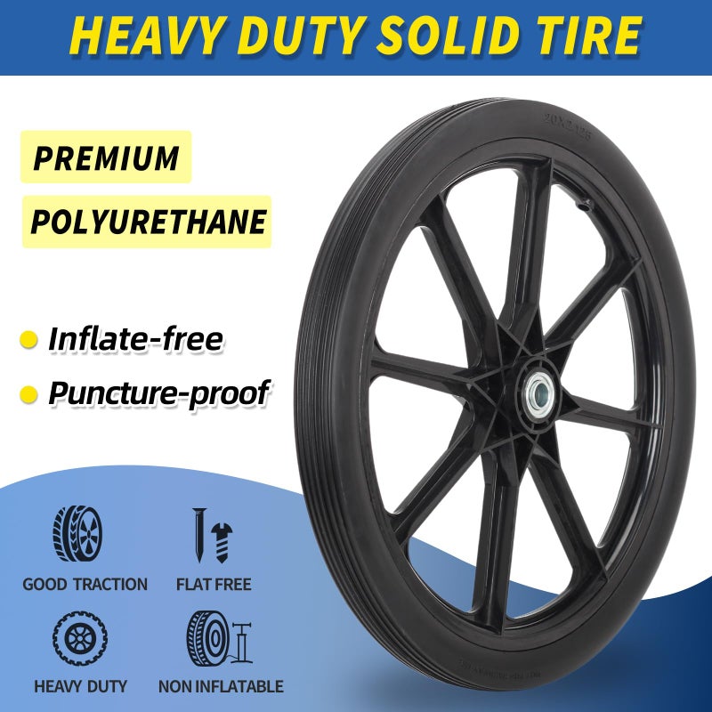 GICOOL 20" Flat Free Tire and Wheel, with 3/4" & 5/8" Bearing, 2.45" Centered Hub, Replacement Wheel For Rubbermaid Wheelbarrow, Garden Yard Cart, 2 Pcs - Image 5