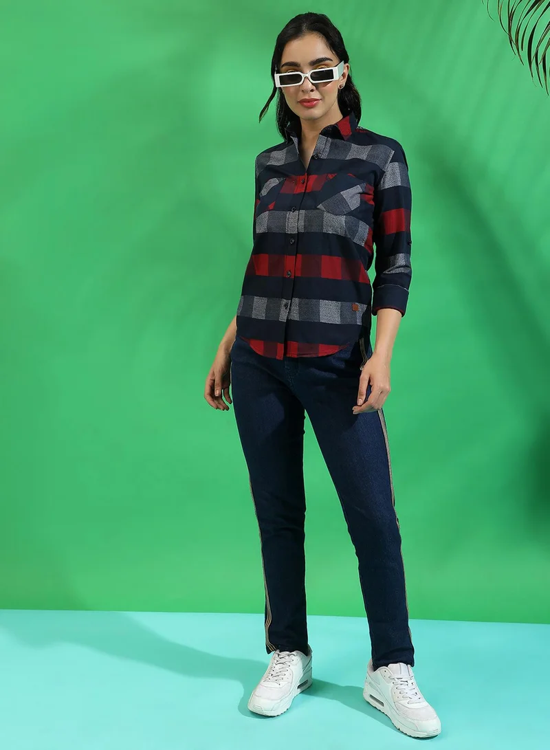 Campus Sutra Campus Sutra Women's Multicoloured Checkered Button Up Regular Fit Shirt For Casual Wear | Spread Collar | Long Sleeves | Cotton Shirt Crafted With Regular Sleeve & Comfort Fit For Everyday Wear