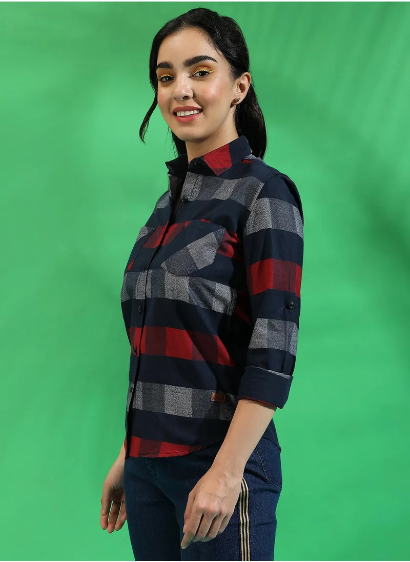 Campus Sutra Campus Sutra Women's Multicoloured Checkered Button Up Regular Fit Shirt For Casual Wear | Spread Collar | Long Sleeves | Cotton Shirt Crafted With Regular Sleeve & Comfort Fit For Everyday Wear