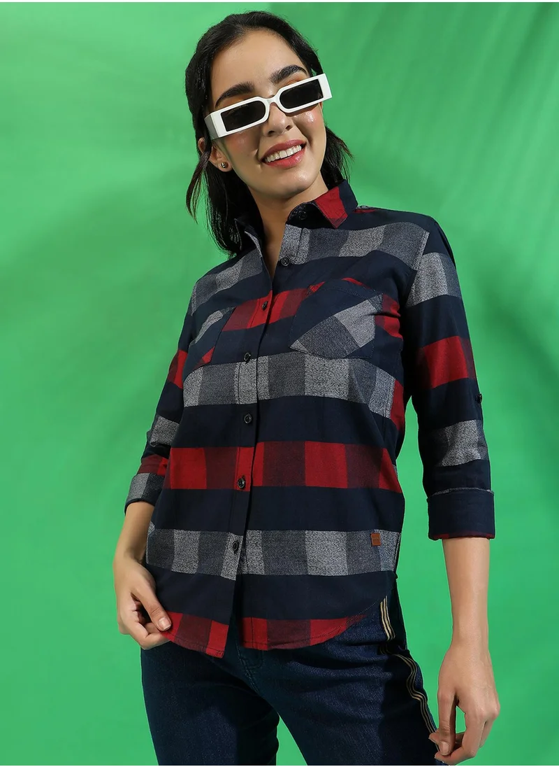 Campus Sutra Campus Sutra Women's Multicoloured Checkered Button Up Regular Fit Shirt For Casual Wear | Spread Collar | Long Sleeves | Cotton Shirt Crafted With Regular Sleeve & Comfort Fit For Everyday Wear