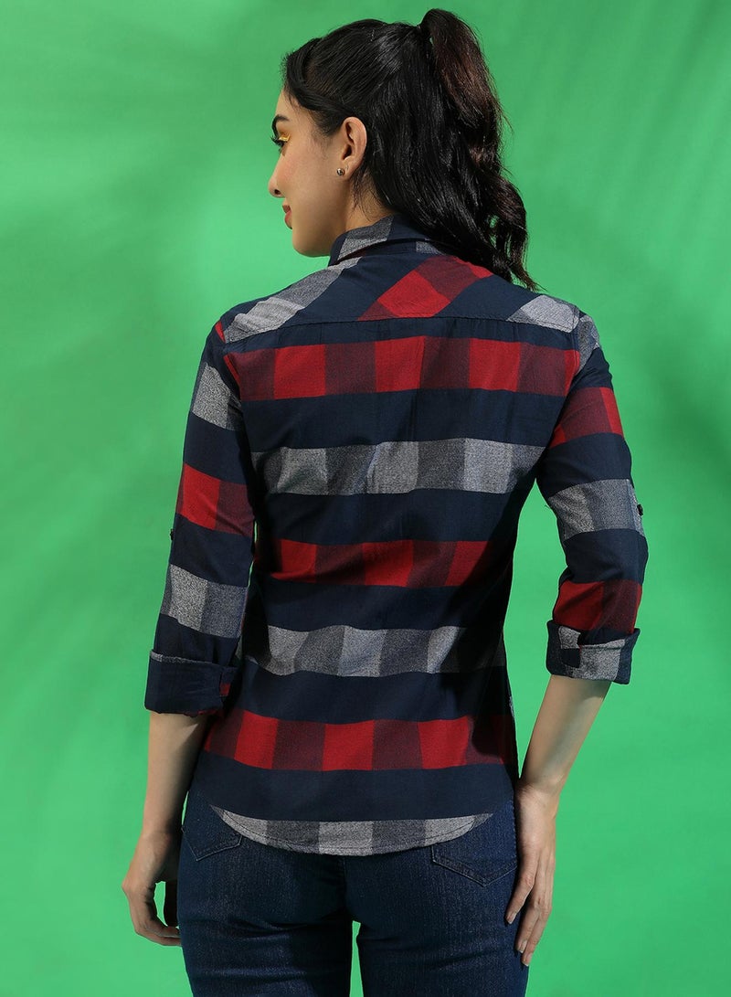 Campus Sutra Campus Sutra Women's Multicoloured Checkered Button Up Regular Fit Shirt For Casual Wear | Spread Collar | Long Sleeves | Cotton Shirt Crafted With Regular Sleeve & Comfort Fit For Everyday Wear  - Image 3