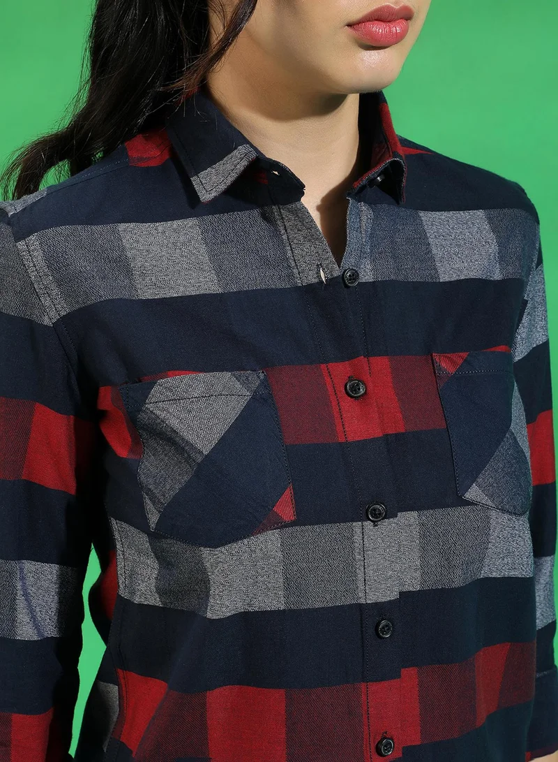 Campus Sutra Campus Sutra Women's Multicoloured Checkered Button Up Regular Fit Shirt For Casual Wear | Spread Collar | Long Sleeves | Cotton Shirt Crafted With Regular Sleeve & Comfort Fit For Everyday Wear