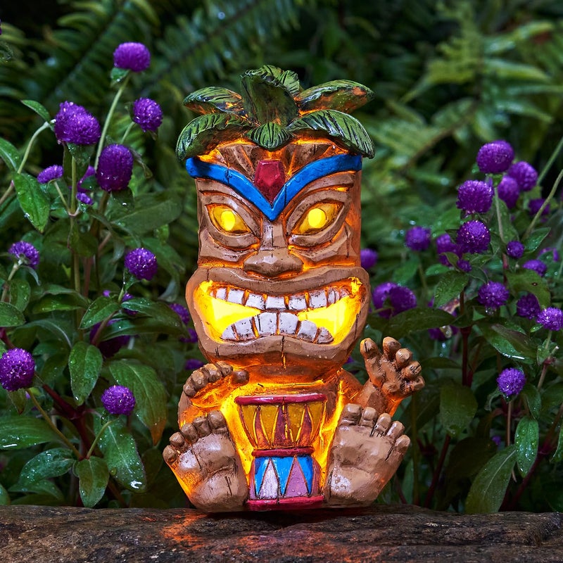 Yiosax Outdoor Tiki Statue Decoration-Solar Power Light Tiki Garden Statues-Tiki Bar Decor Totem Pole Waterproof Figurines for Garden,Patio,Balcony,Yard,Lawn Ornament,10.43 Inch Tall - Image 1