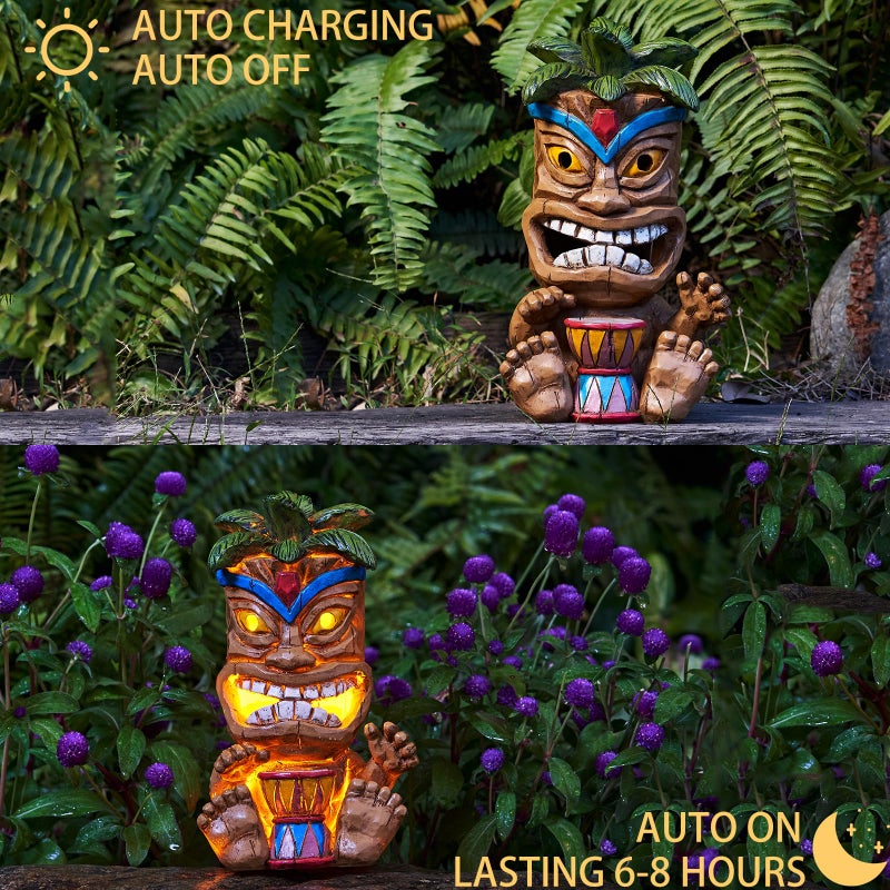 Yiosax Outdoor Tiki Statue Decoration-Solar Power Light Tiki Garden Statues-Tiki Bar Decor Totem Pole Waterproof Figurines for Garden,Patio,Balcony,Yard,Lawn Ornament,10.43 Inch Tall - Image 4