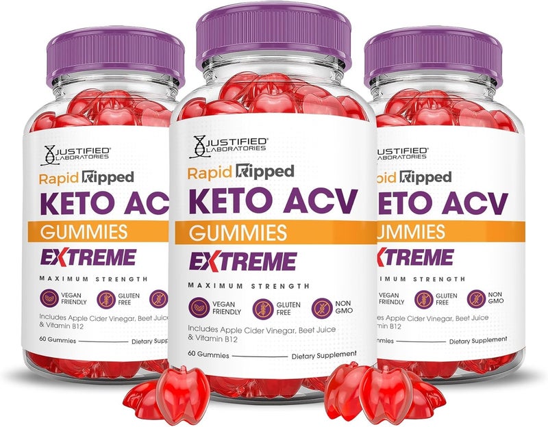 Justified Laboratories 3 Pack Rapid Ripped Keto ACV Gummies Extreme 2000MG Rapidripped Keto Gummies Apple Cider Vinegar Formulated with Pomegranate Beet Juice Powder B12 Vegan Non GMO 180 Gummys - Image 1