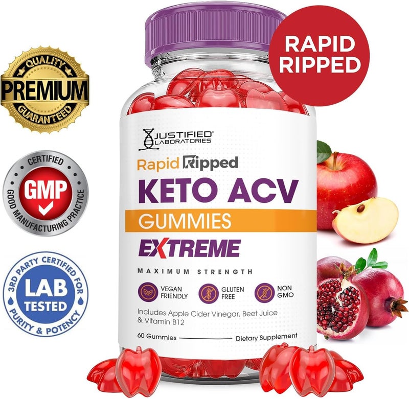 Justified Laboratories 3 Pack Rapid Ripped Keto ACV Gummies Extreme 2000MG Rapidripped Keto Gummies Apple Cider Vinegar Formulated with Pomegranate Beet Juice Powder B12 Vegan Non GMO 180 Gummys - Image 3