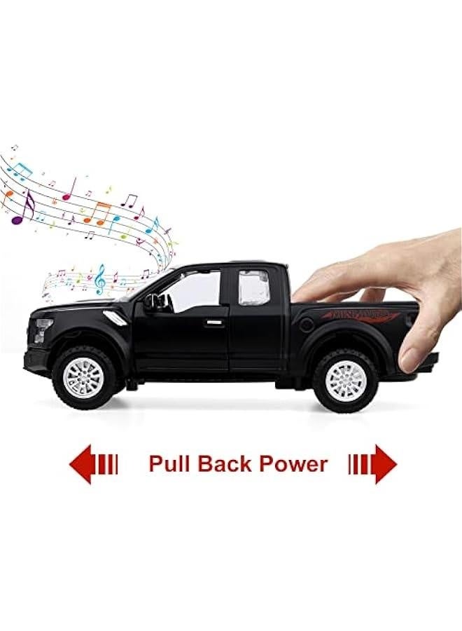 F150 Pickup Truck Toys for Boys Age 3-8 Raptor Toy Trucks for Boy Ages 4-7 Diecast Metal Model Truck with Light and Sound Pull Back Toy Cars Gifts for 3+ Year Old Kids (Black) - Image 2