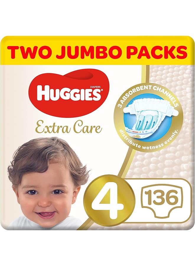 هجيز اكسترا كير مقاس 4 8 14 كجم عبوة مزدوجة جامبو 136 حفاضة - Image 1