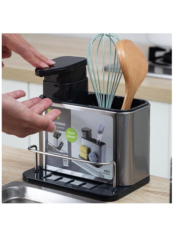 ECVV 3-in-1 Dish Soap Dispenser for Kitchen Sink, Stainless Steel Sponge Holder with Liquid Soap Dispenser and Removable Water Leakage Tray  - Image 2