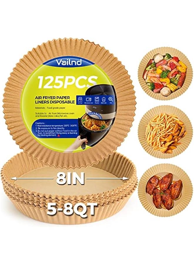 Air Fryer Paper Liners Disposable: 125PCS Non-Stick Air Fryer Parchment Paper, Food Grade Baking Liner for Baking Roasting Microwave (8IN-Round) - Image 1