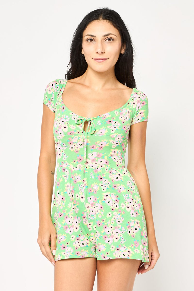 Bershka Women Diamond Neck  Floral Short Sleeves Playsuit, Multicolor - Image 1