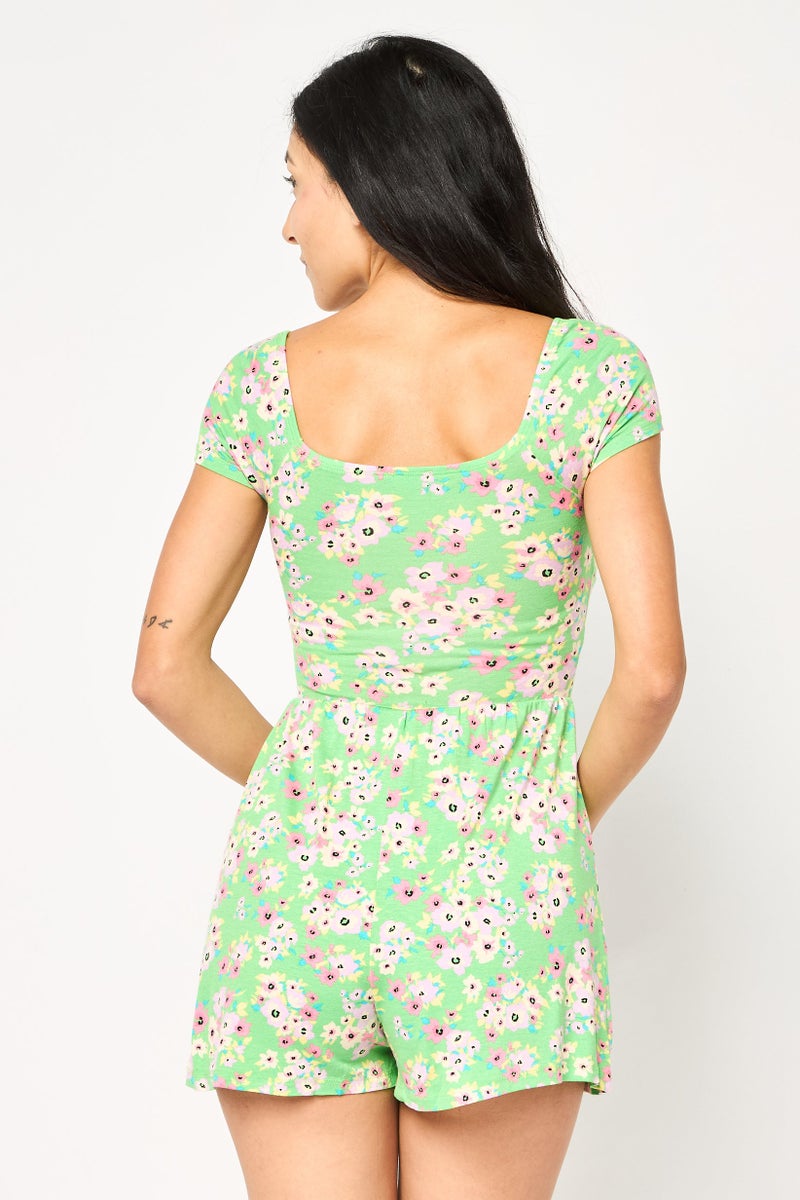 Bershka Women Diamond Neck  Floral Short Sleeves Playsuit, Multicolor - Image 4