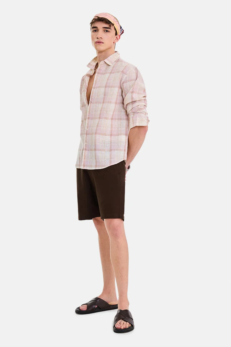 سنيتش Light Pink Checkered Long Sleeve Regular Fit Casual Shirt