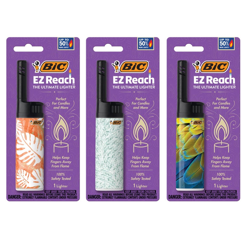 Bic ولاعة الشموع BIC EZ Reach، الولاعة المثالية مع العصا للشموع، تصاميم متنوعة لديكور المنزل، عبوة من 3 ولاعات طويلة - Image 1