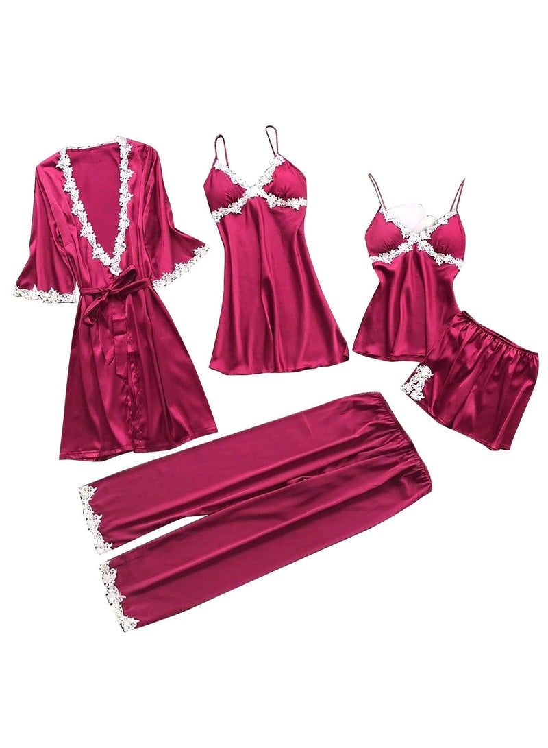 Womens Pajama Sets 5PC Silk Pajamas for women Cute Sleepwear Loungewear Satin Pajamas Sets for Women Soft - Image 1