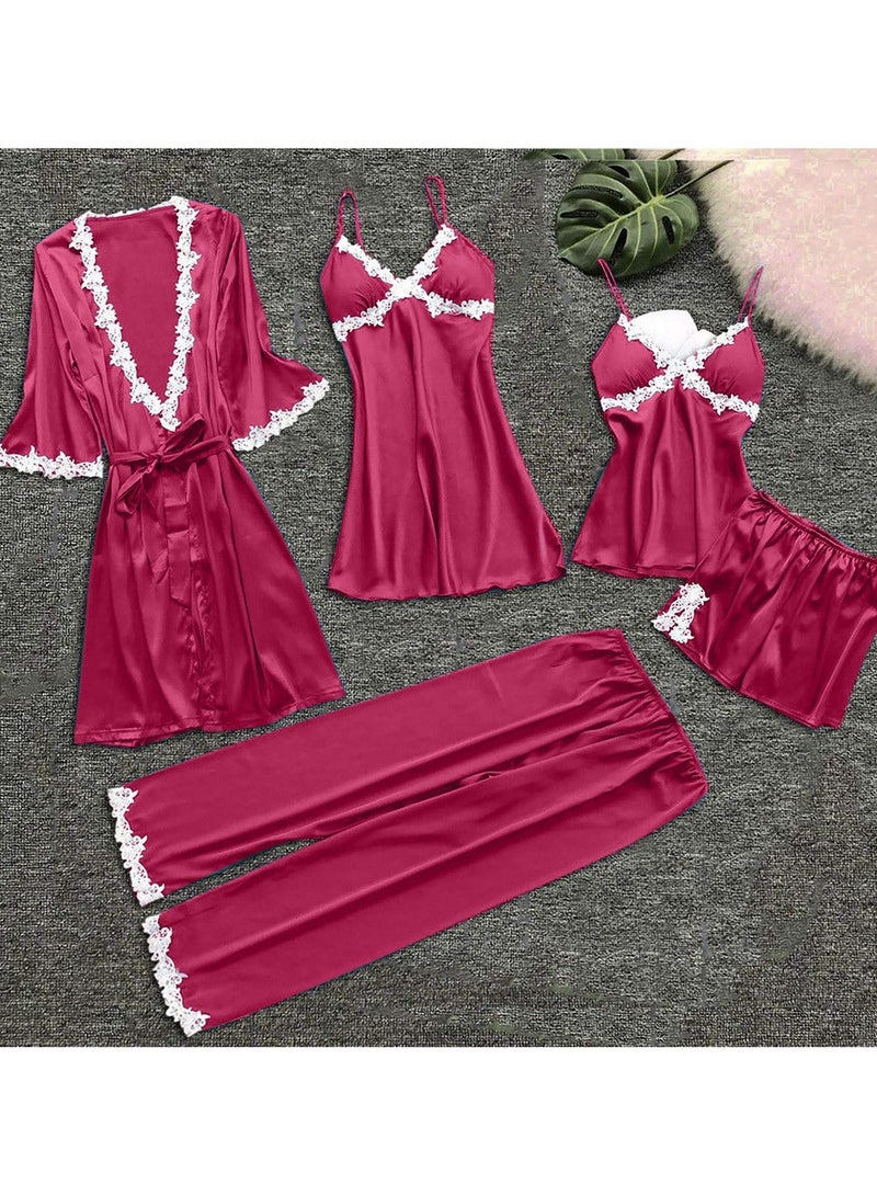 Womens Pajama Sets 5PC Silk Pajamas for women Cute Sleepwear Loungewear Satin Pajamas Sets for Women Soft - Image 2