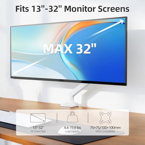 MOUNTUP Monitor Arm for 13-32 inch Screens, Monitor Desk Mount, Adjustable Height, VESA Mount with Clamp & Grommet Bases, Freelift White - Image 2