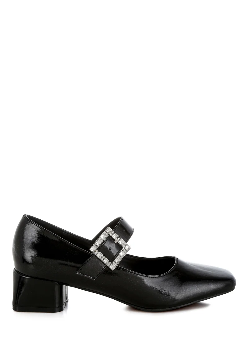 London Rag Diamante Brooch Metallic Mary Jane Pumps in Black