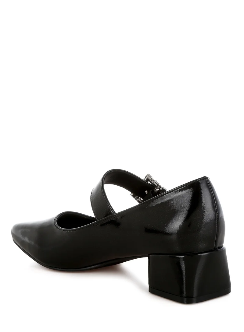 London Rag Diamante Brooch Metallic Mary Jane Pumps in Black